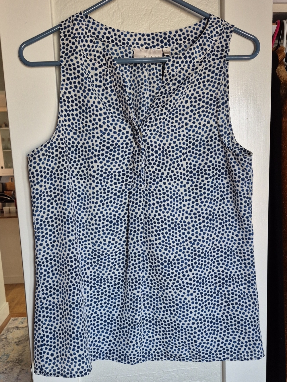 Kenar White Sleeveless Blouse with Navy Dot Print Size Small